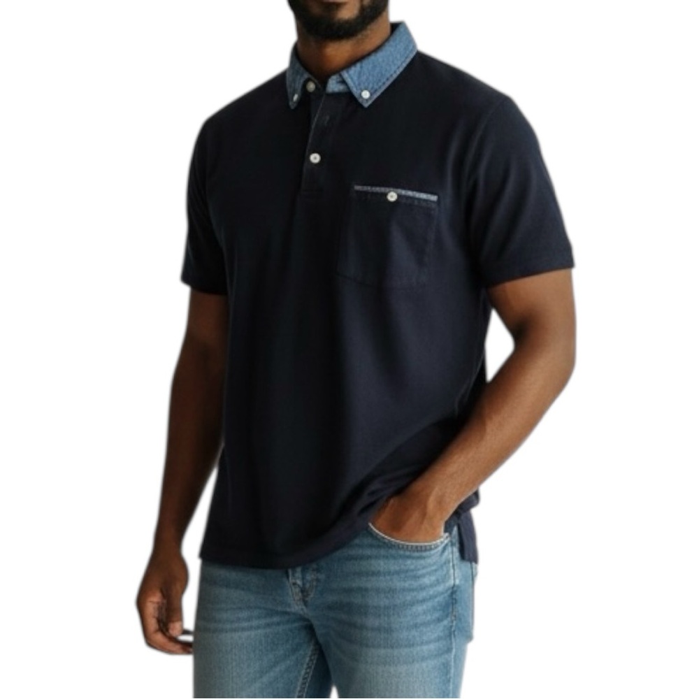 Thomas Dean Polo Shirt Indigo Navy Denim Chambray Cotton Short Sleeve Classic L